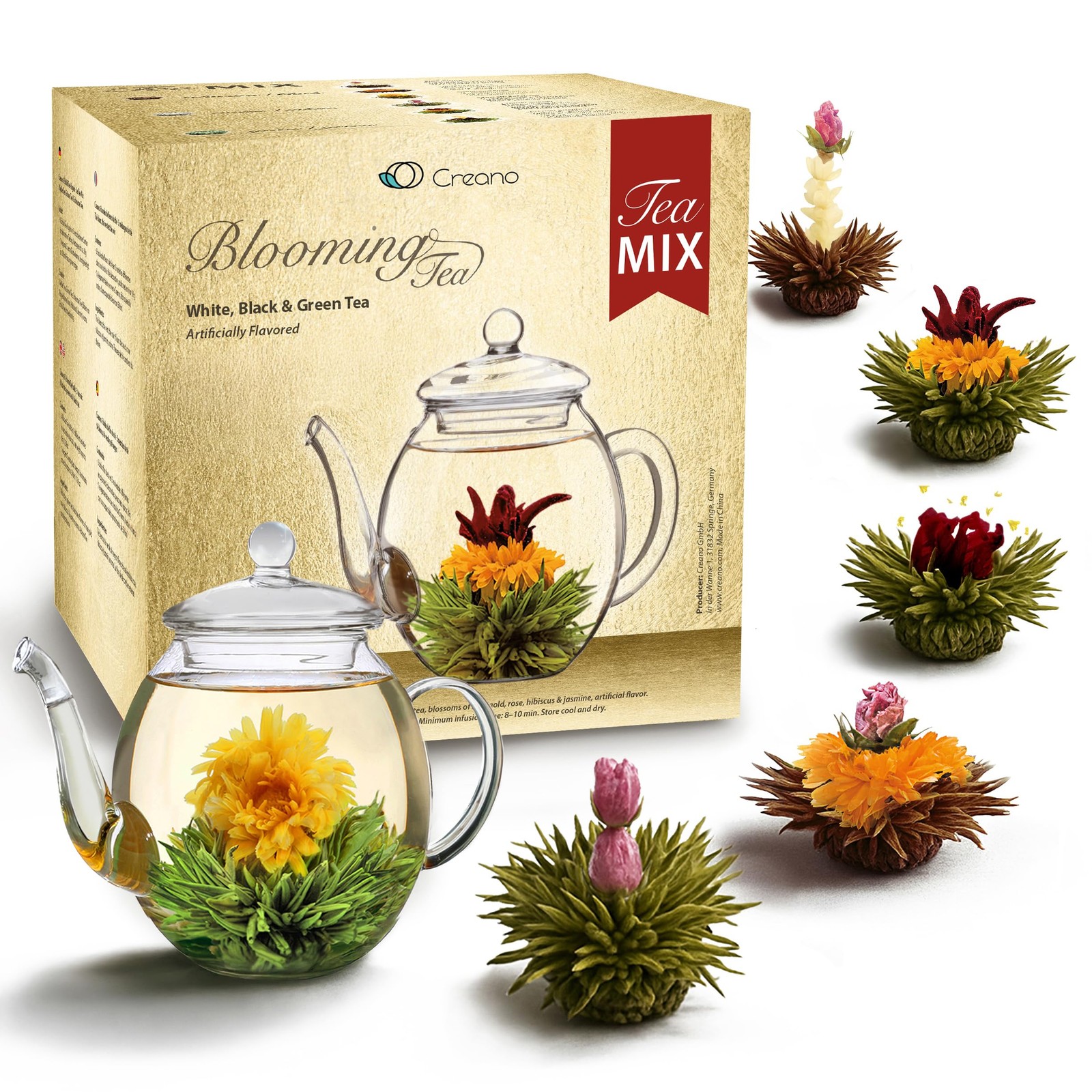 Tea Flowers Mix Golden Gift Set Blooming Tea with Glass Teapot White, Green &…