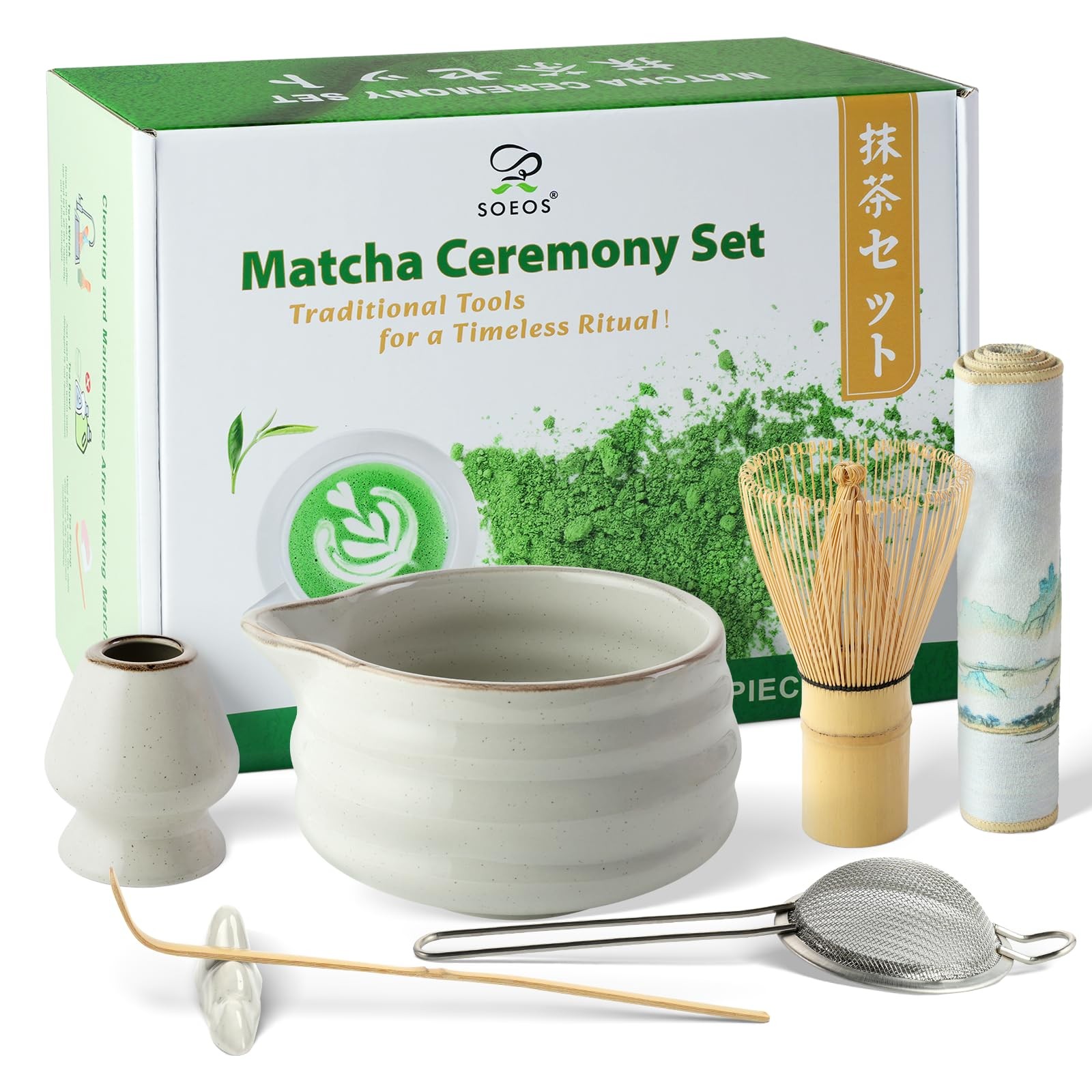 Premium Matcha Traditional Starter Set, 7-Piece Matcha Kit with Whisk (Chasen…
