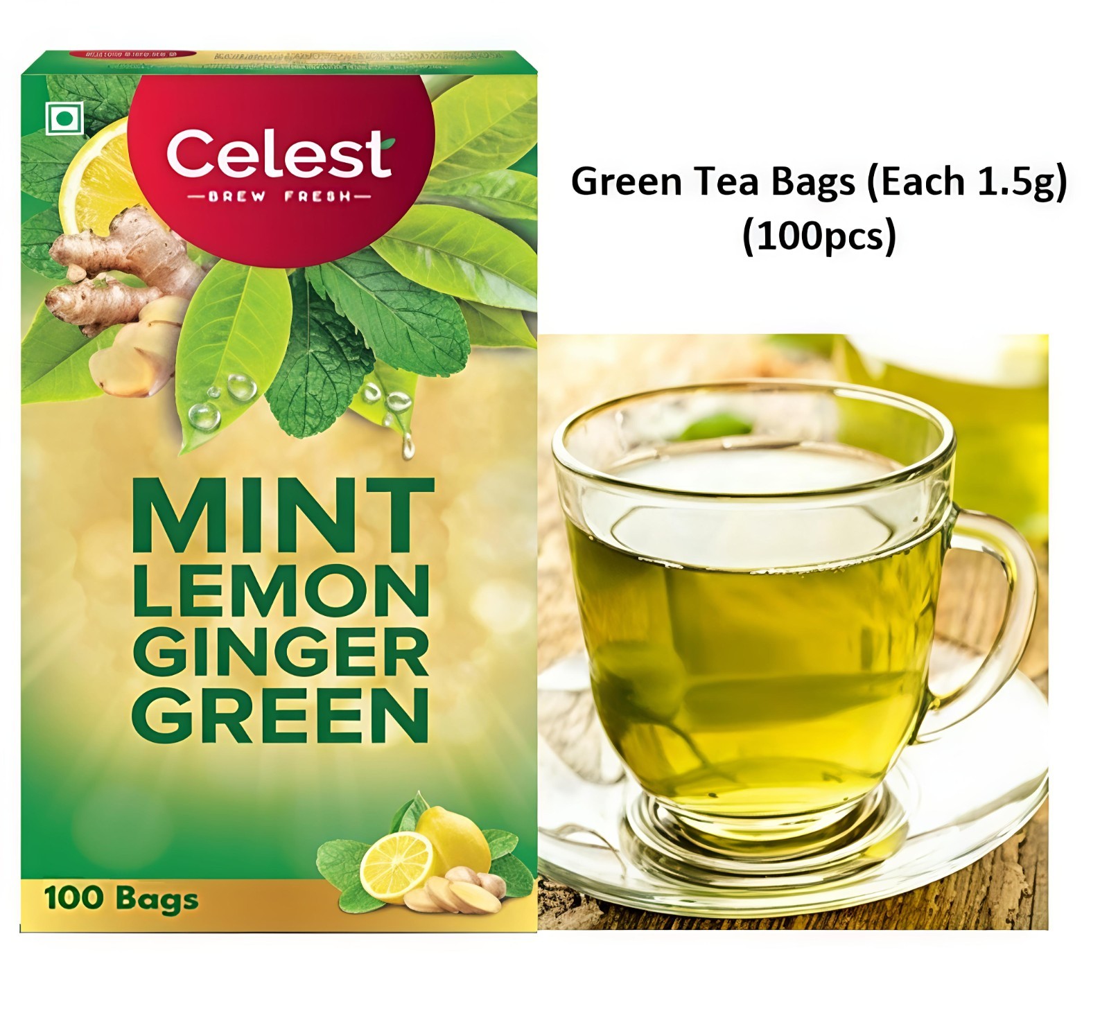 100% Natural Celest Green Tea 100 Bags – Ginger | Mint & Lemon | (Each 1.5g)