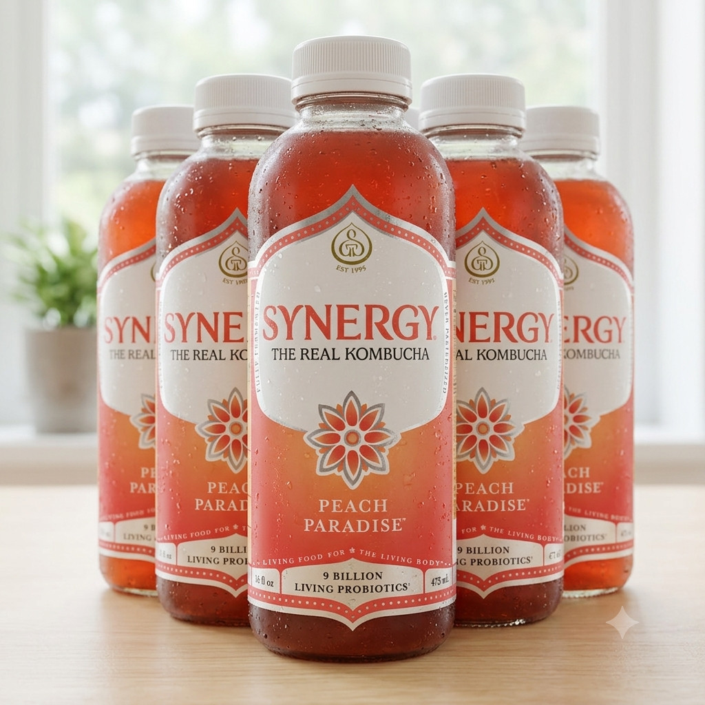 Synergy The Real Kombucha Peach Paradise 16oz 6 Pack Fermented Tea Drink