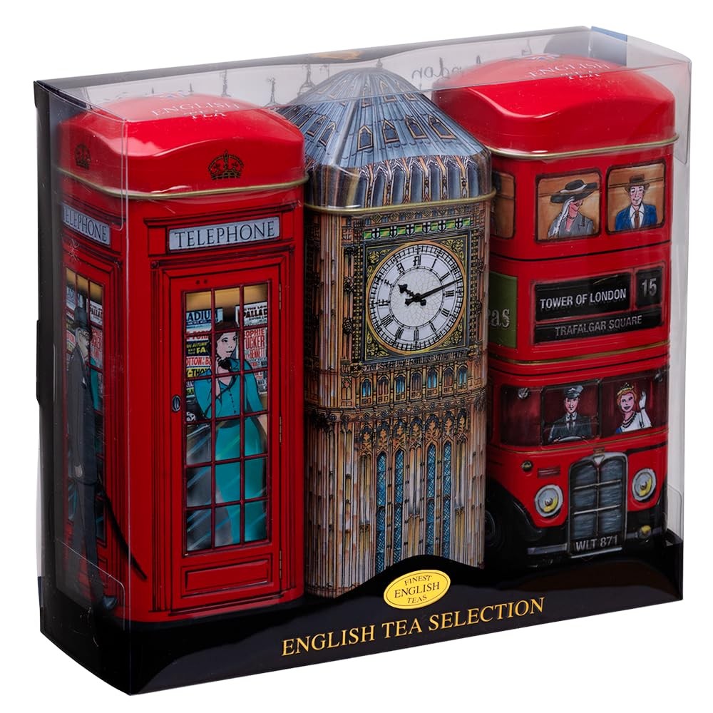 British Heritage 3x Tea Tins with 42 English Teabags (Big Ben, Red Multi