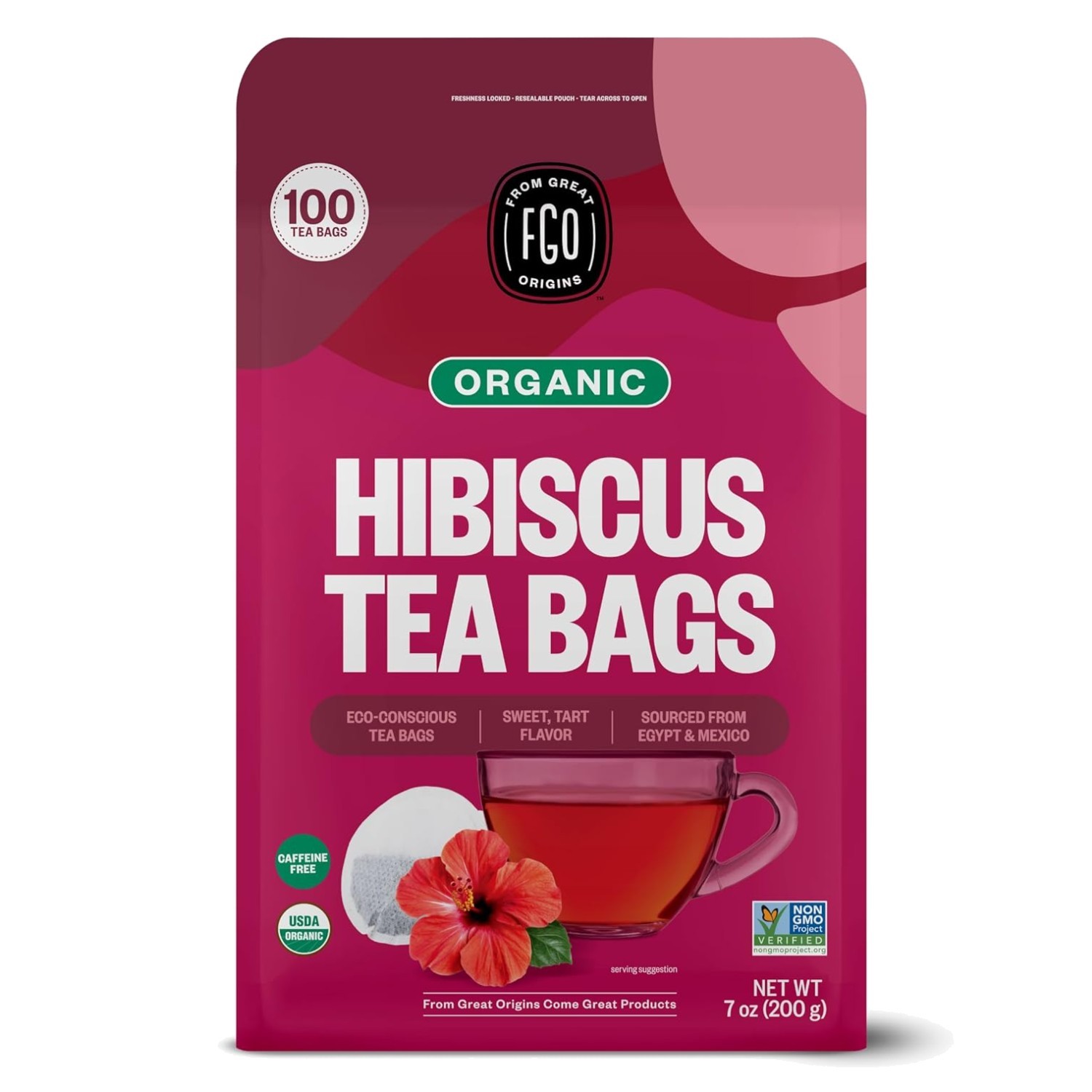 Hibiscus Tea Bags, Non-GMO, Caffeine Free, 100 Count