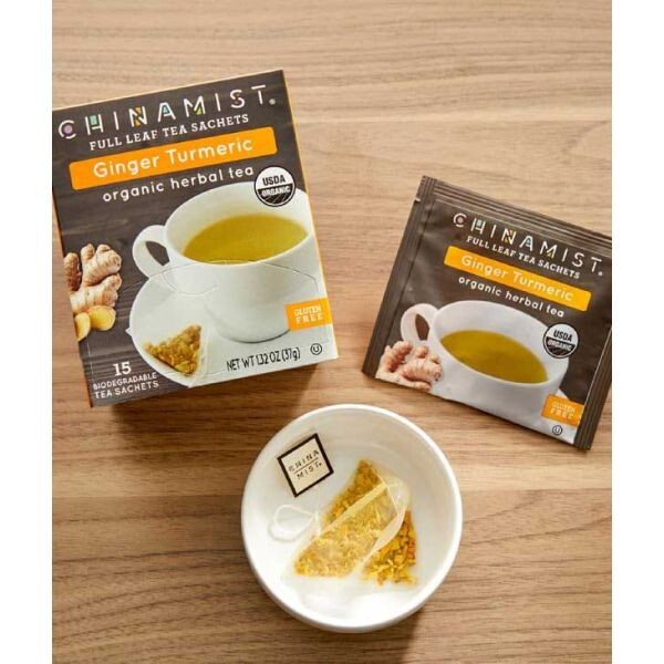 China Mist Full Leaf Tea Sachets, Ginger Turmeric Organic Herbal Tea, 4 boxes