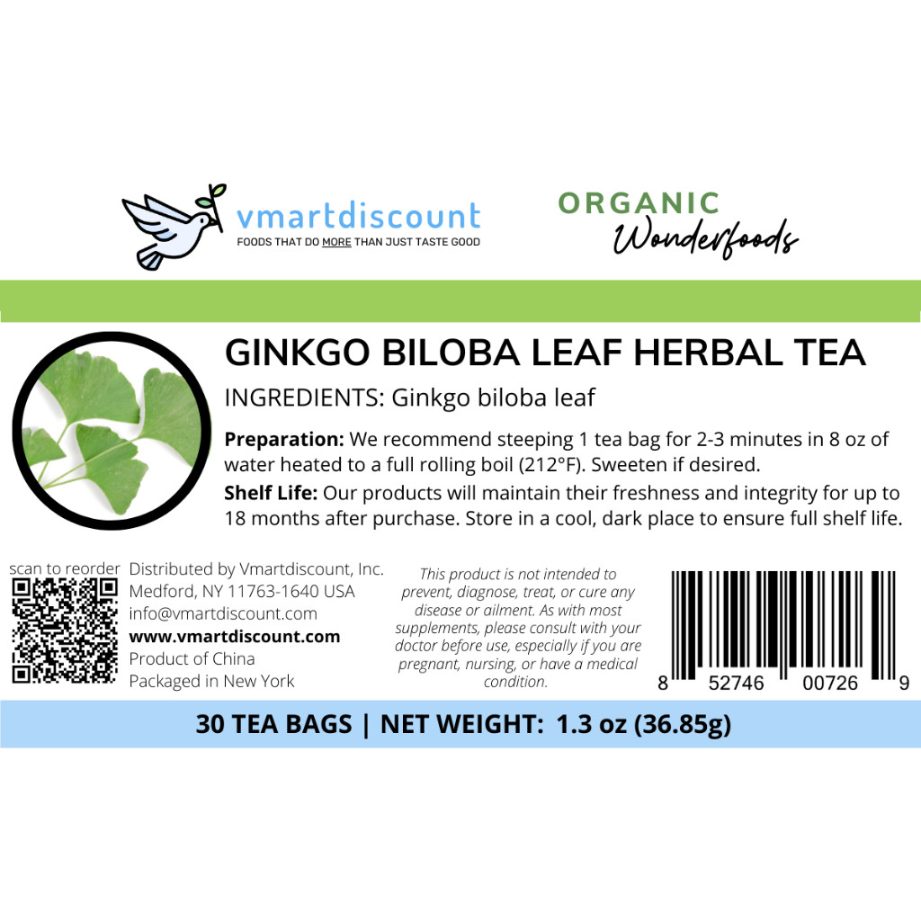 Ginkgo Biloba Leaf Herbal Tea, 30 Bags Memory Alertness, Anxiety, All Natural