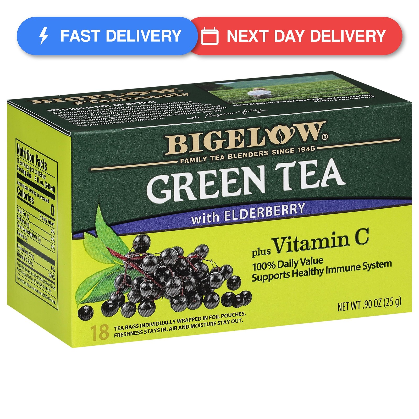 Bigelow Tea Green Tea with Elderberry Plus Vitamin C, Caffeinated Tea with…