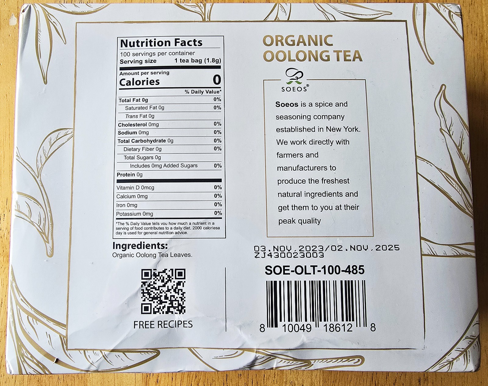 SOEOS’ Organic Oolong Tea 100 Bags Low Caffeine USDA Certify Sealed NEW Box