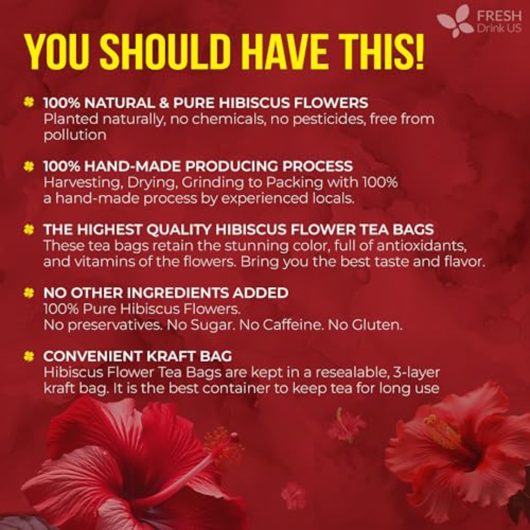 , Premium 140 Hibiscus Flowers Tea Bags, 100% Natural, Handmade & Pure from Hibi