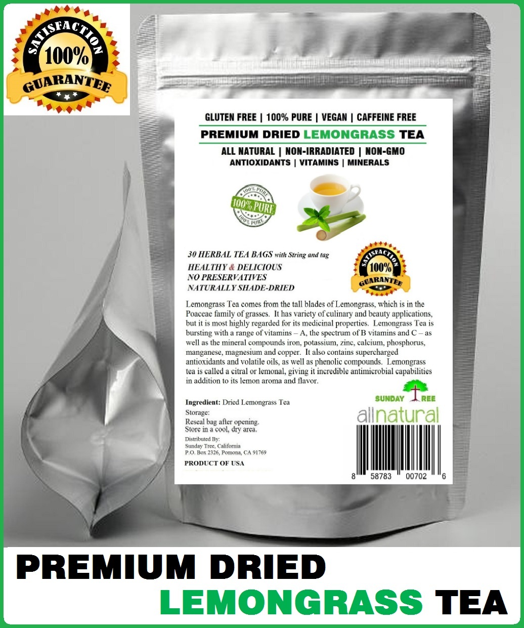 Lemongrass Tea 30 Bags 100% Natural Premium Caffeine Free Tea Resealable Pouch