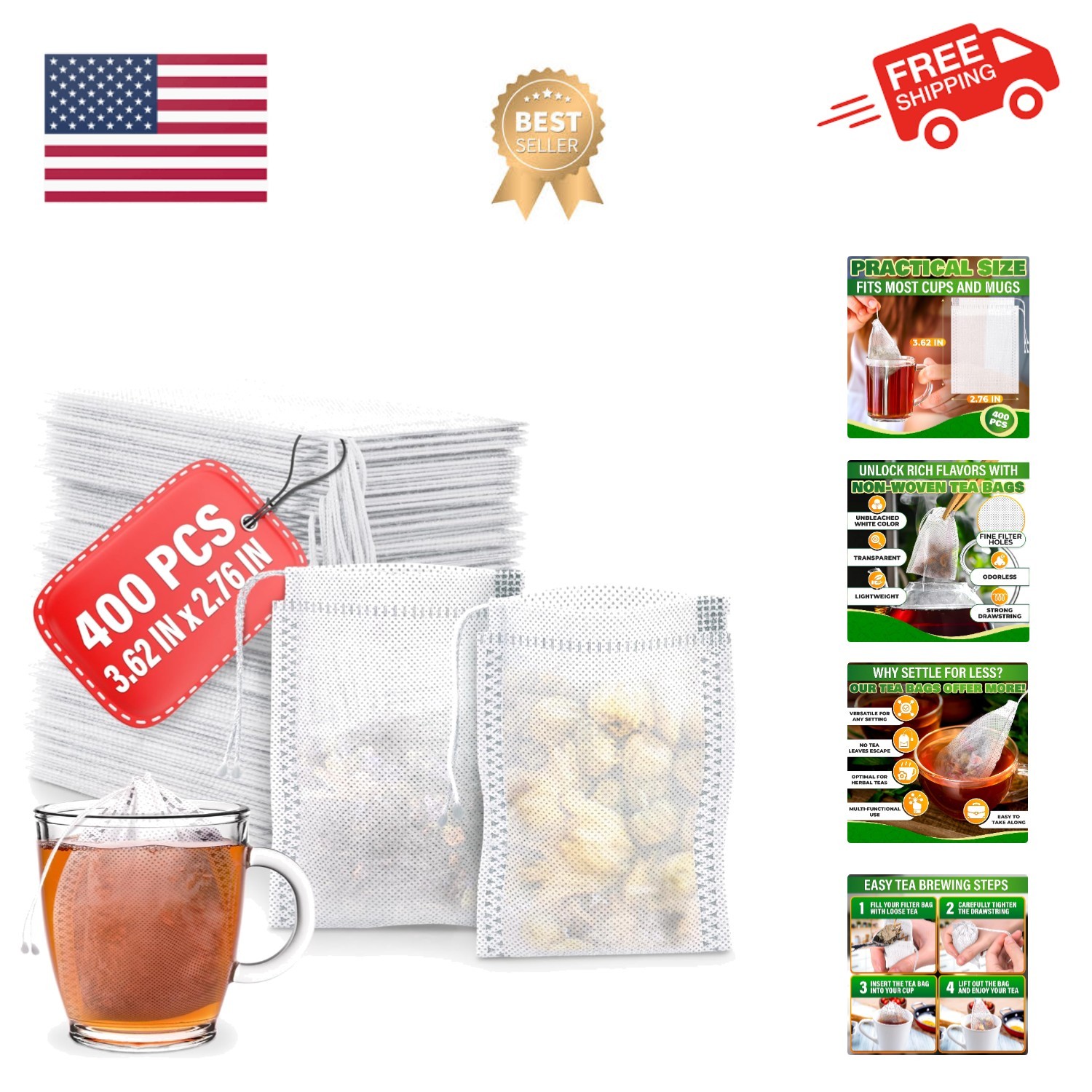 400 Pcs Disposable Tea Bags for Loose Leaf Tea – 3.62 x 2.76 Reusable Teabags…