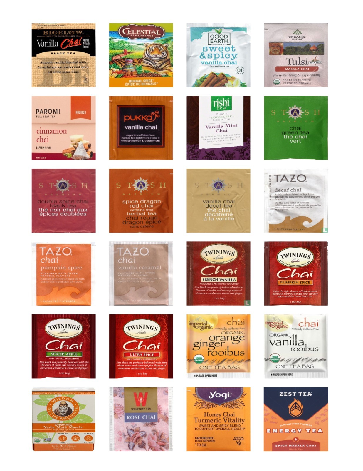 Flavored Chai Tea Bag Sampler Variety Pack – 24 Single-Serve Varieties