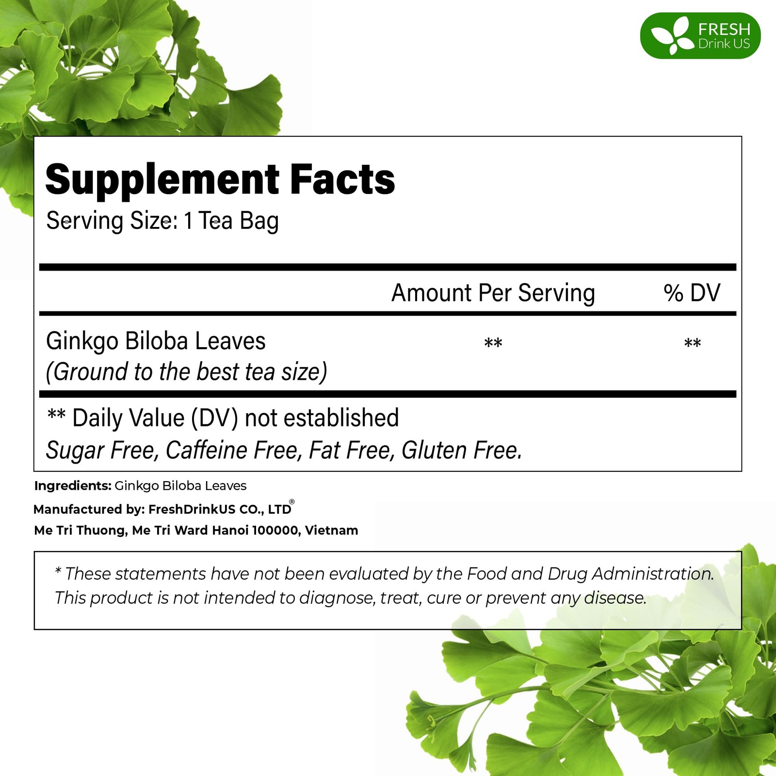 FreshDrinkUS, Premium 75 Ginkgo Biloba Leaf Tea Bags, 100% 75 Bags