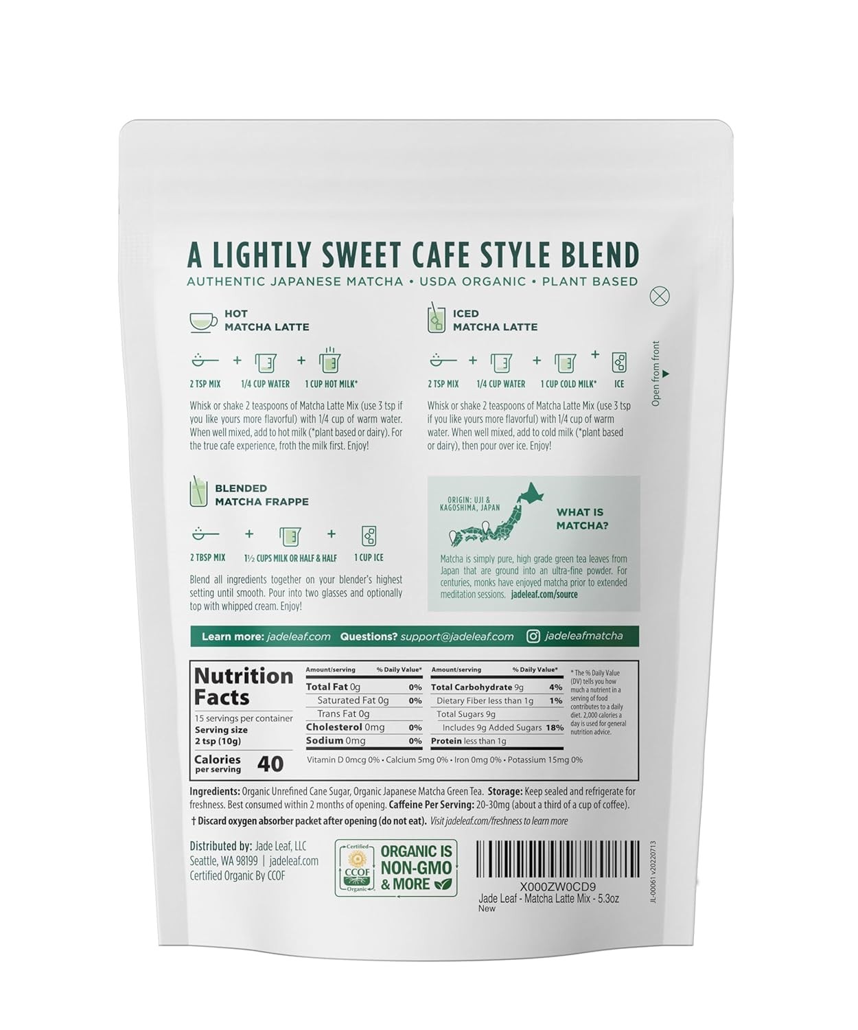 Jade Leaf Matcha Organic Matcha Latte Mix – Lightly Sweet Japanese Matcha Green