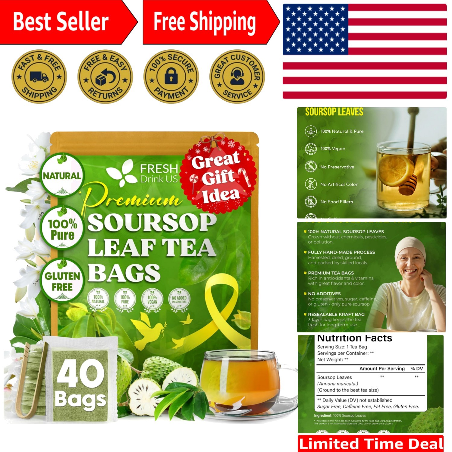 40 Soursop Graviola Leaf Tea Bags, 100% Natural and Pure from Soursop Leaves…