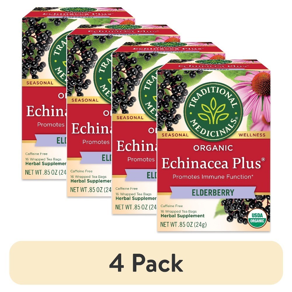 Organic Echinacea Plus Elderberry Tea Bags Herbal Supplement 4 Pack 16 Count