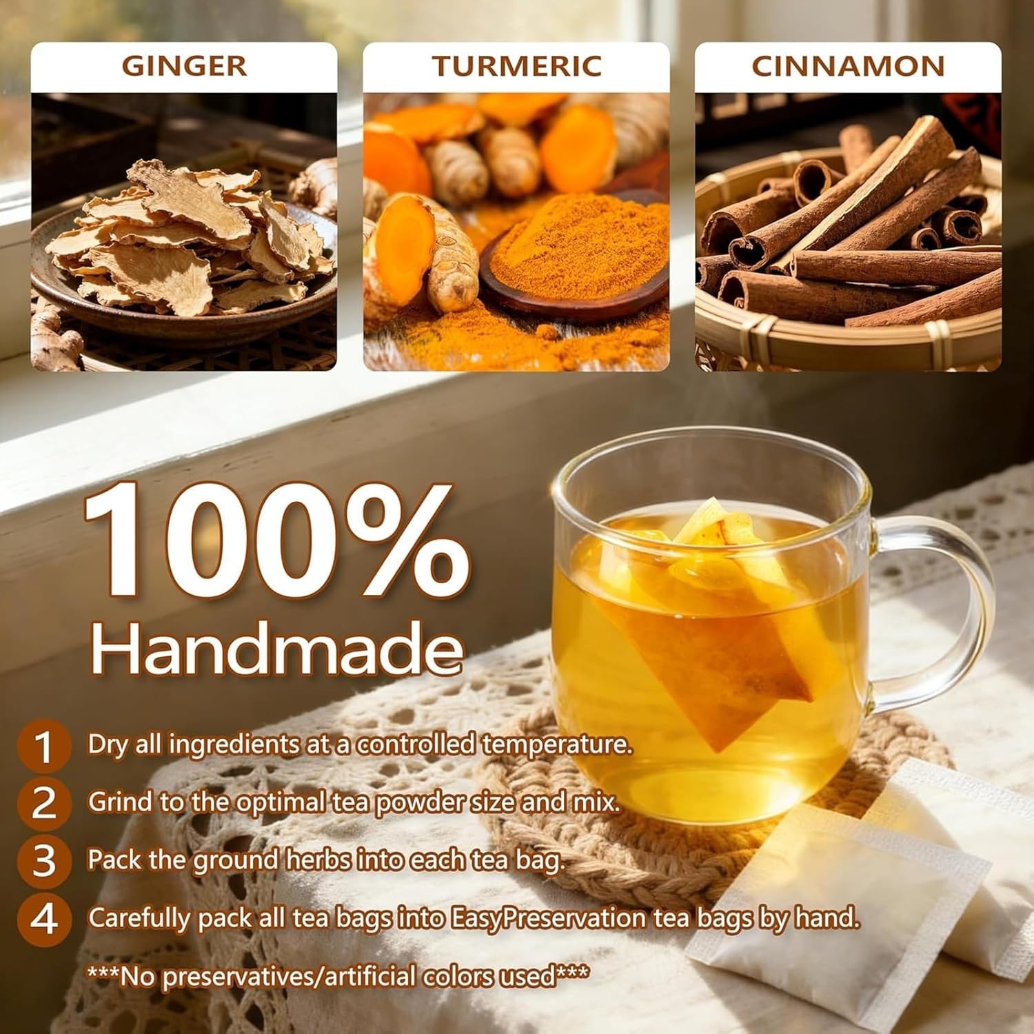 30 Premium Turmeric Ginger Cinnamon Tea Bags, 100% Natural Ingredients Herbal Te