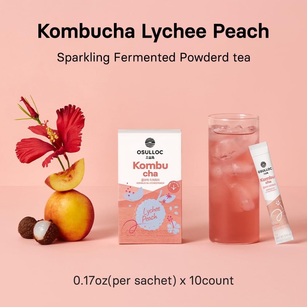 Kombucha Tea LycheePeach (Lychee & Peach Blending), Sparkling Powdered Mix Be…