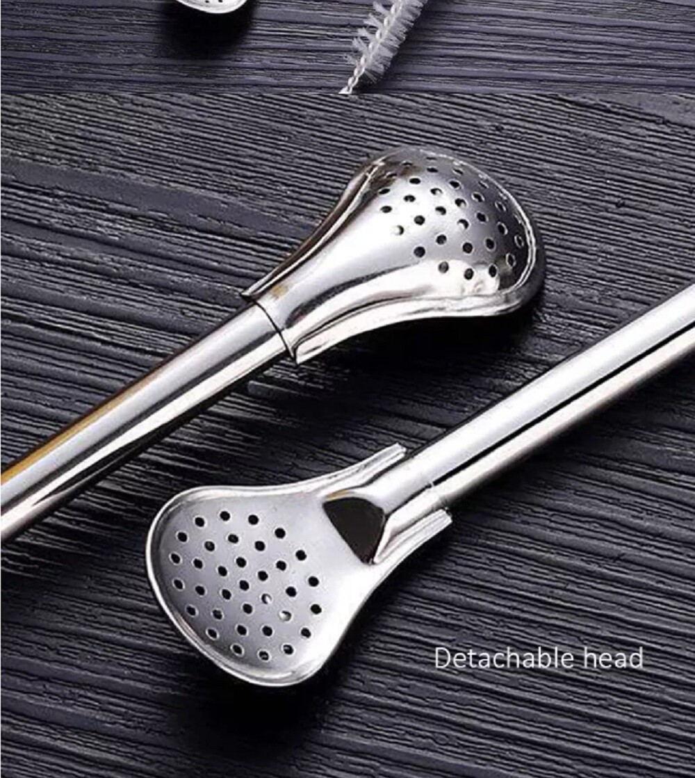 6 Reusable Stainless Steel Drinking Straw Set w Filter Spoon & 2 Cleaning Brush