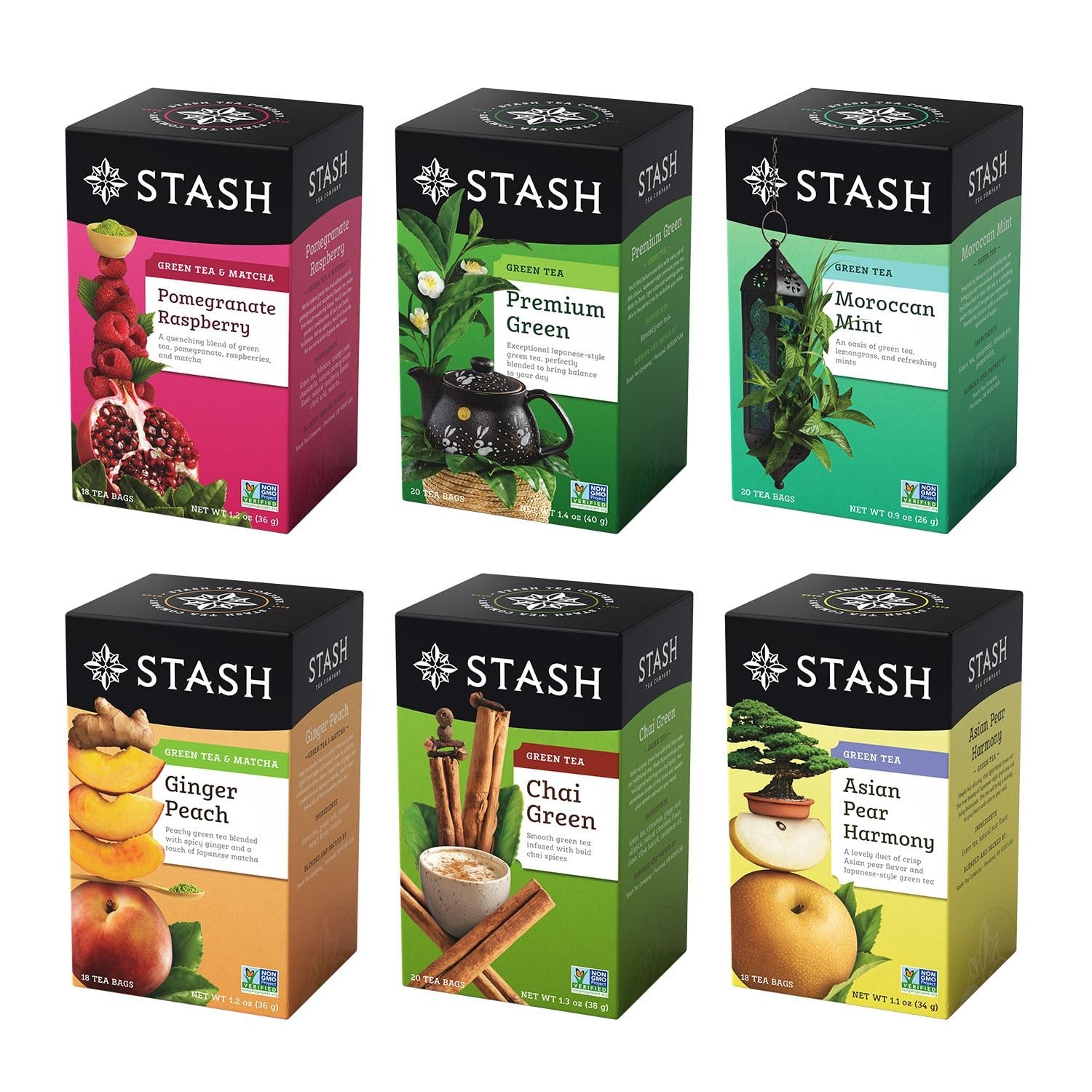 Green Tea Variety Pack 6 Flavors Caffeinated 108 Tea Bags Choice