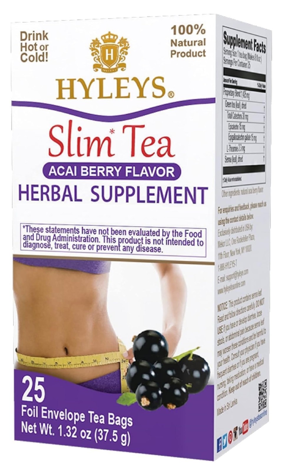 Hyleys Slim Tea Acai Berry Flavor – Weight Loss Herbal Supplement 25 Tea Bags