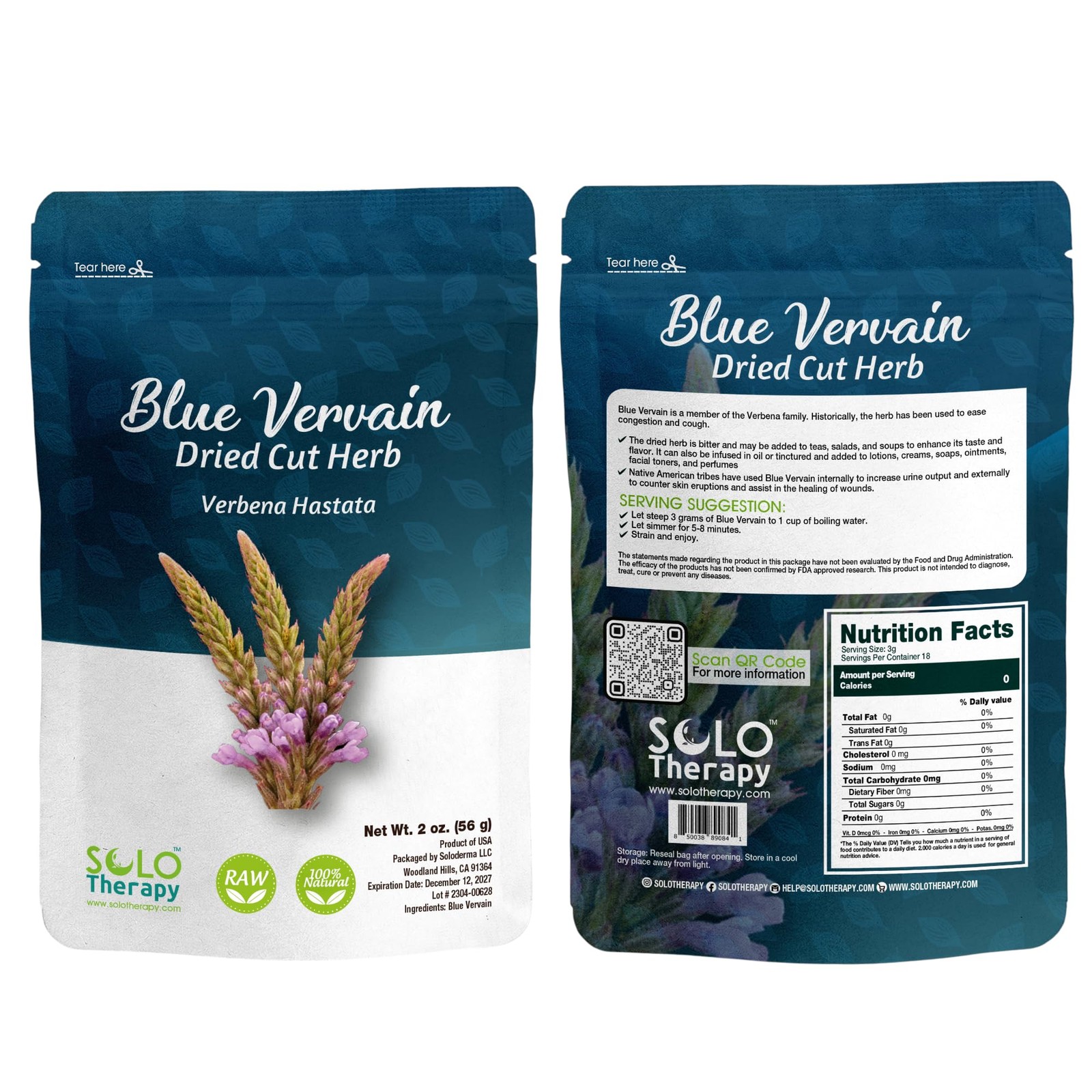 Blue Vervain Herb Cut and Sifted – Resealable Bag – 56 grams – Verbena hastat…