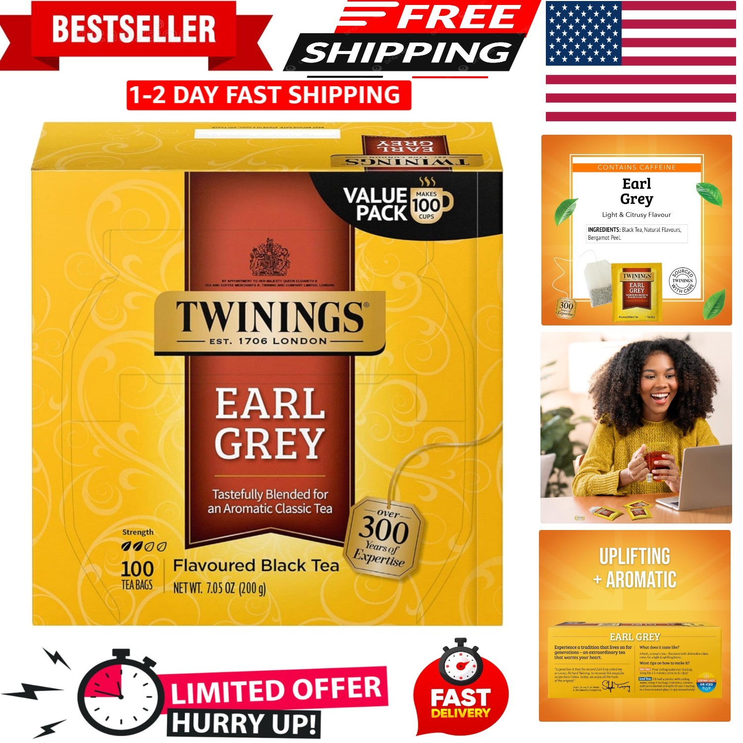 Classic Earl Grey Tea Bags – 100 Count, Citrus & Bergamot Flavor for Relaxation