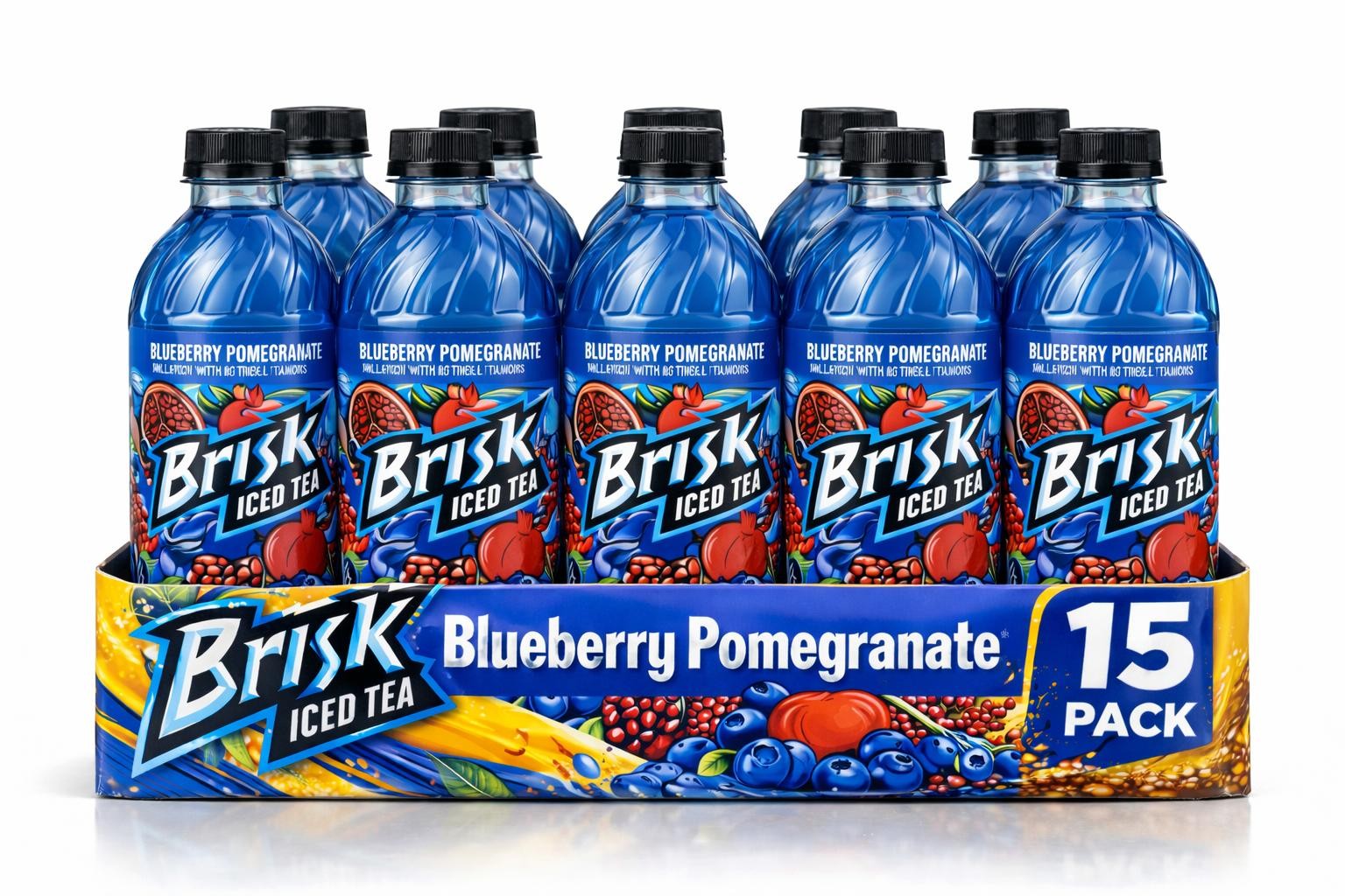 Brisk Iced Tea Blueberry Pomegranate 33.8 oz Bottles –15 Pack– Bold Fruit Flavor