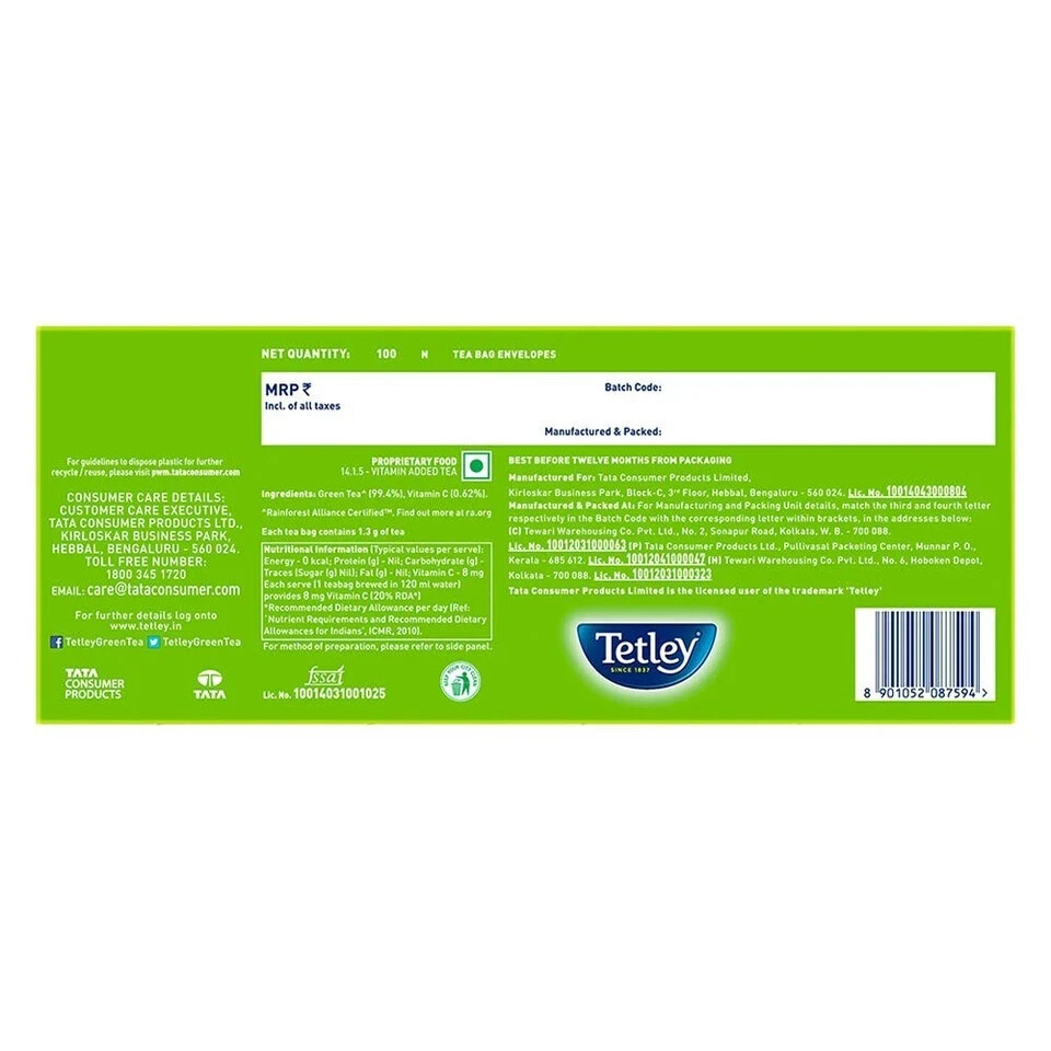 Tetley Green Tea, Regular, 100 Tea Bags Free Shipping World Wide