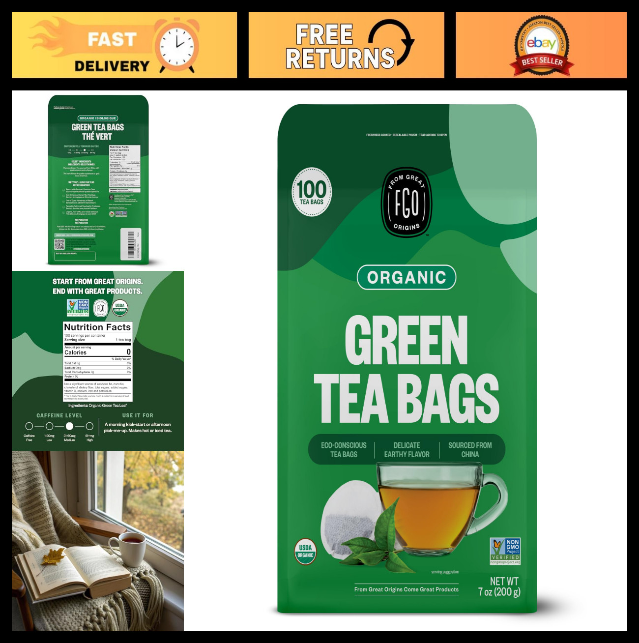 Organic Green Tea Bags – 100 Count, Caffeinated, Eco-Friendly, Resealable Pouch