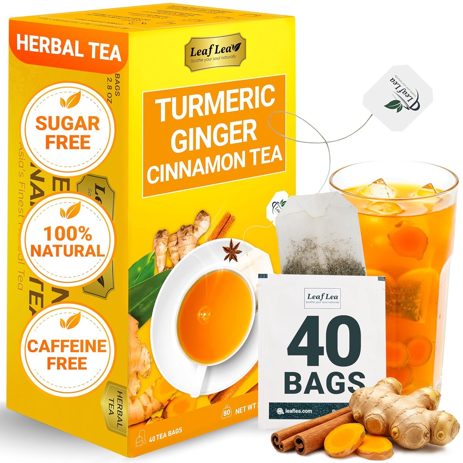 LeafLea 40 Turmeric Ginger Cinnamon Tea Bags, 100% Natural Ingredients Herbal Te