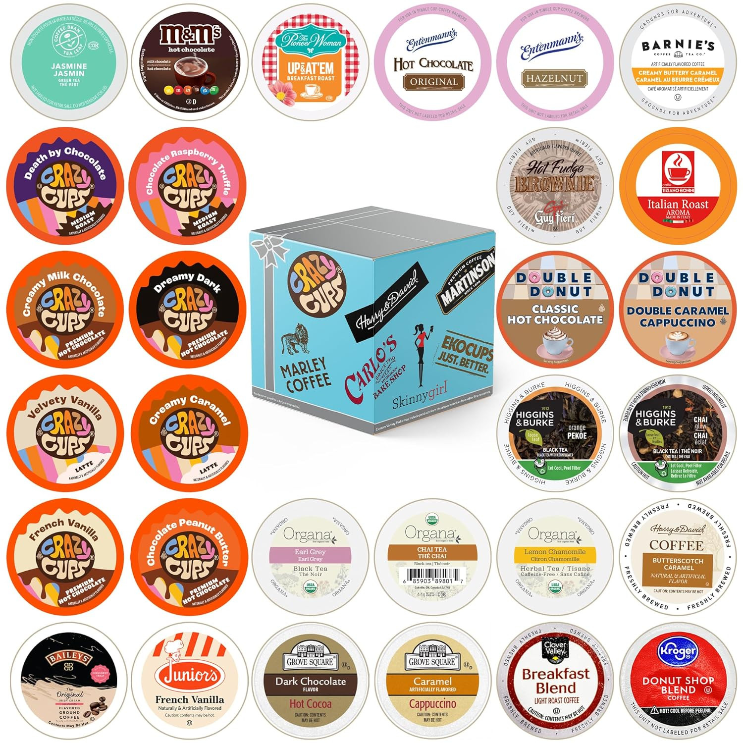 Variety Pack of Coffee, Tea, Hot Chocolate and Cappuccino, Sampler of Single Ser