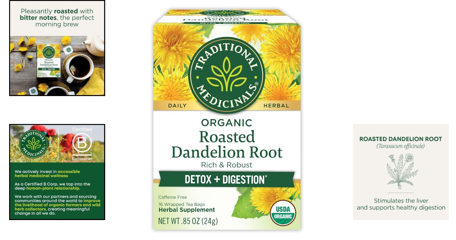 16 Compostable Tea Bags of Organic Roasted Dandelion Root – Caffeine-Free Relief