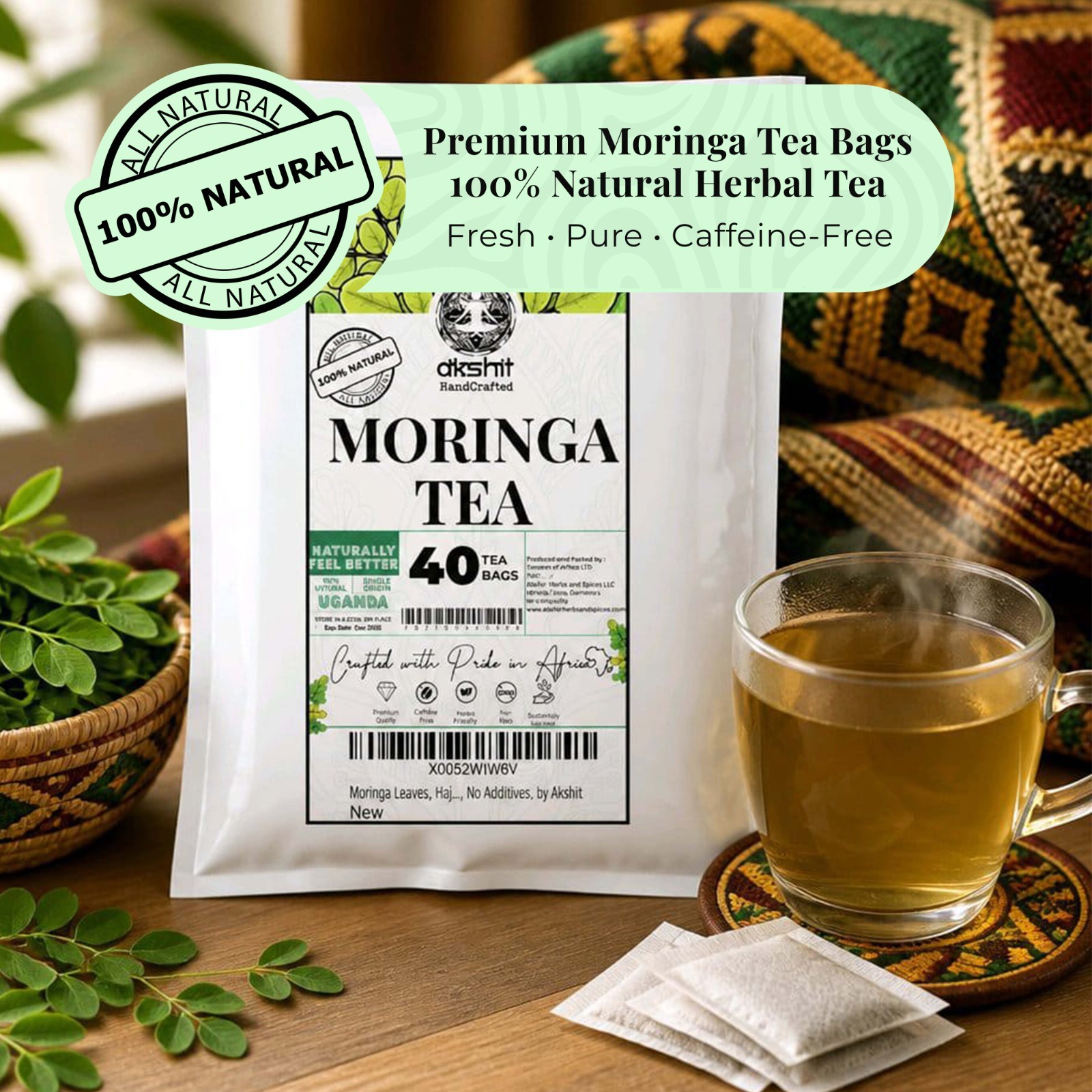 40 Moringa Tea Bags All Natural Moringa leaf Tea- Caffeine-Free Herbal Tea