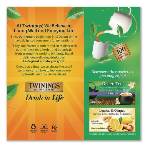 TWININGS Tea Bags, Green, 1.76 oz Filterbag, 25/Box, 2 Boxes/Pack (Total 50)