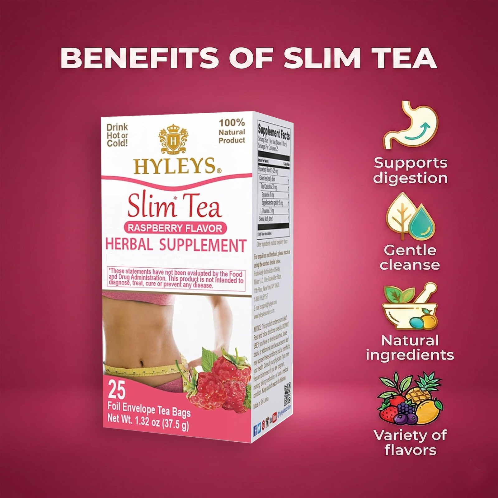Hyleys Slim Tea Raspberry Flavor – Weight 25 Count (Pack of 1),