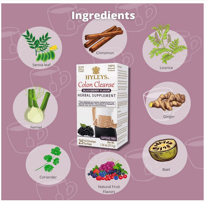 HYLEYS Colon Cleanse Tea BlackBerry Flavor – 25 Tea Bags (1 Pack)