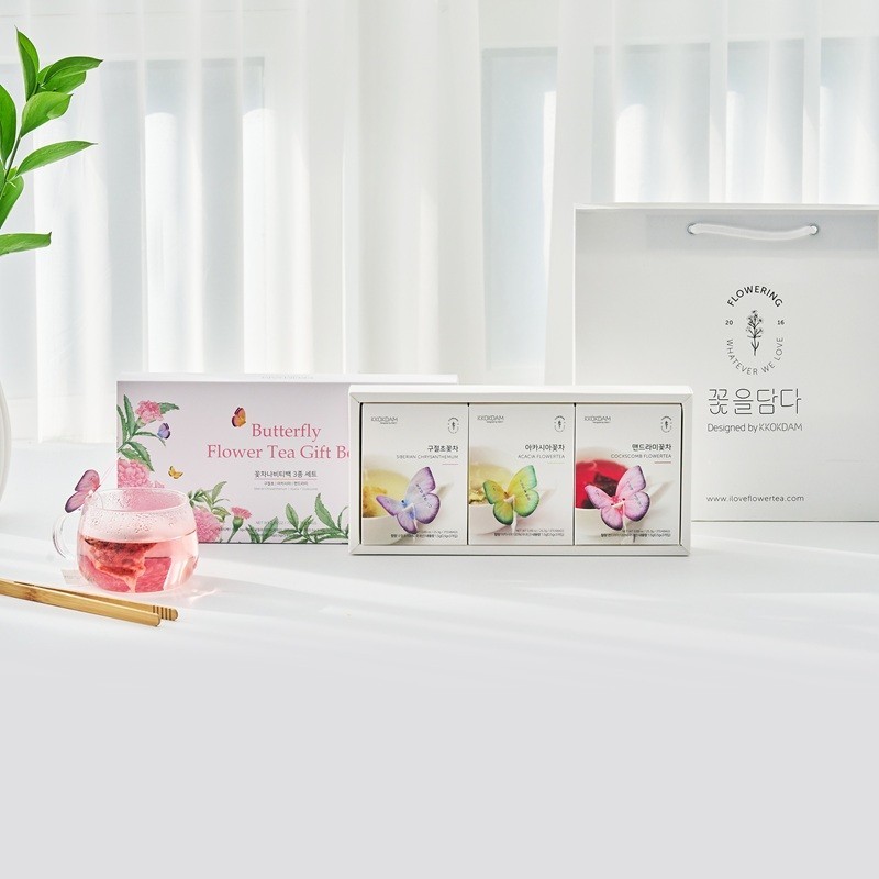 Kkokdam Butterfly Tea Bag Gift Set Pink 9 Bags 3 Flavors Herbal Tea