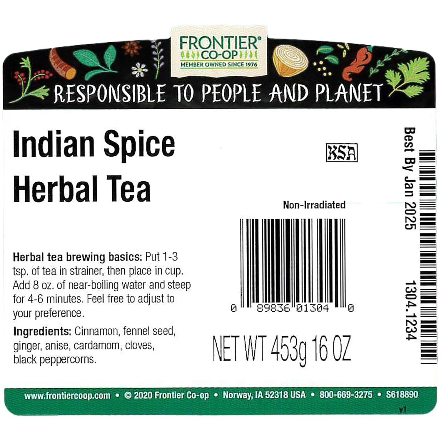 Indian Spice Herbal Tea 1lb (16 oz) – FRONTIER CO-OP Lg Bag – Best By July 2026