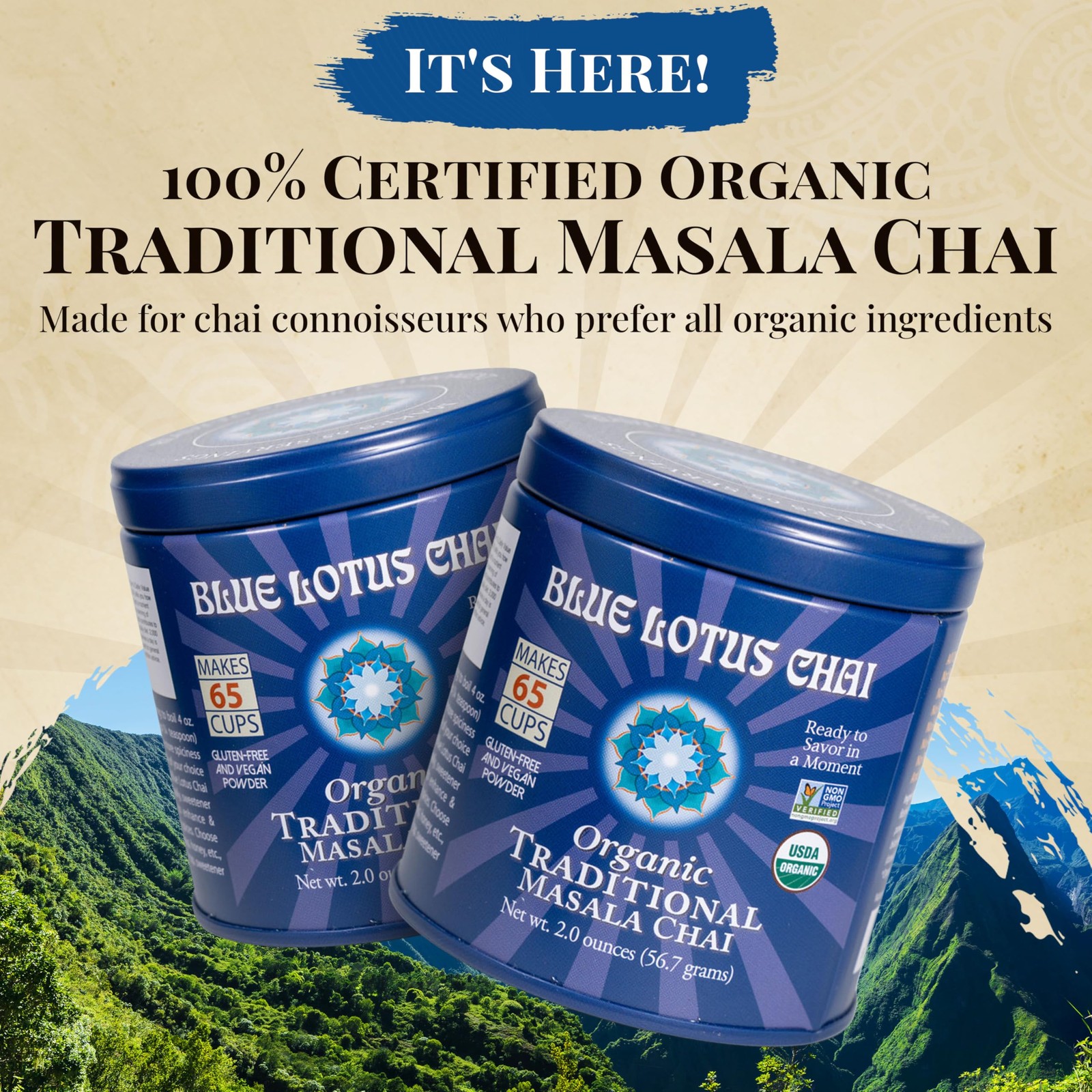 Blue Lotus Chai Tea – Fully Organic Traditional Masala – Makes 2 Ounce