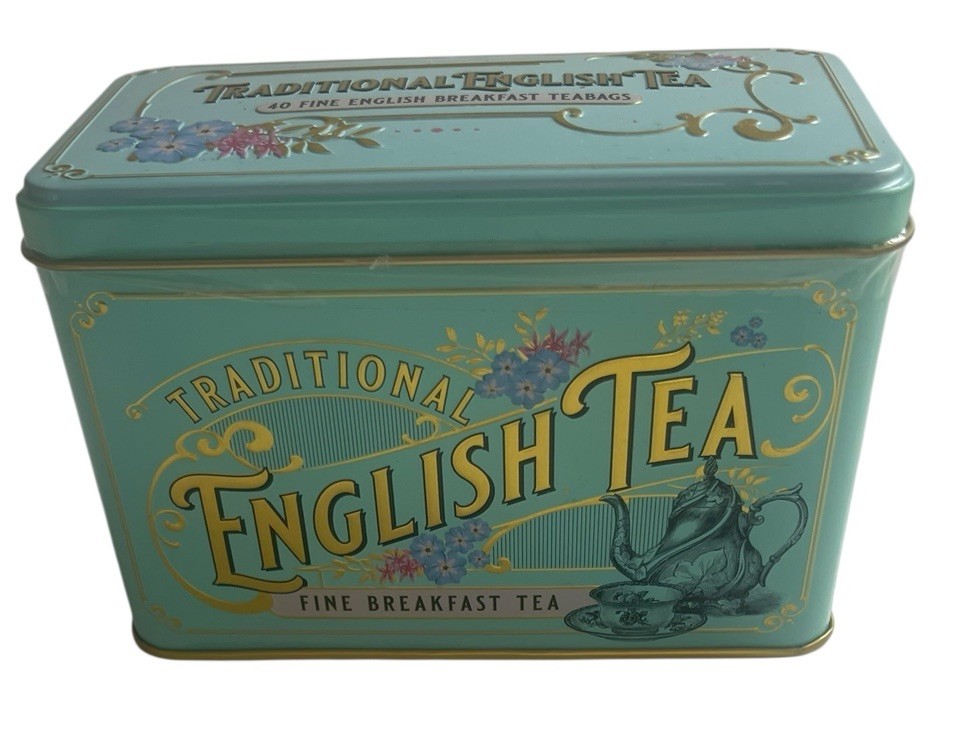 Traditional English Breakfast Tea Turquoise Vintage Victorian Tin 40 Teabags