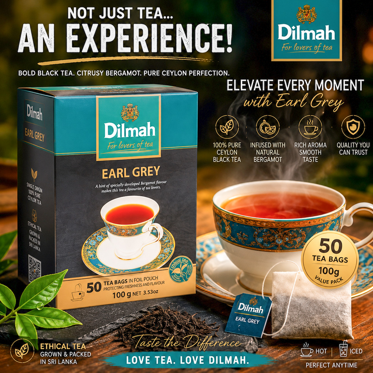 Dilmah Earl Grey Bergamot 50 Tea Bags 100g | Pure Ceylon Black Tea | DDP – USA