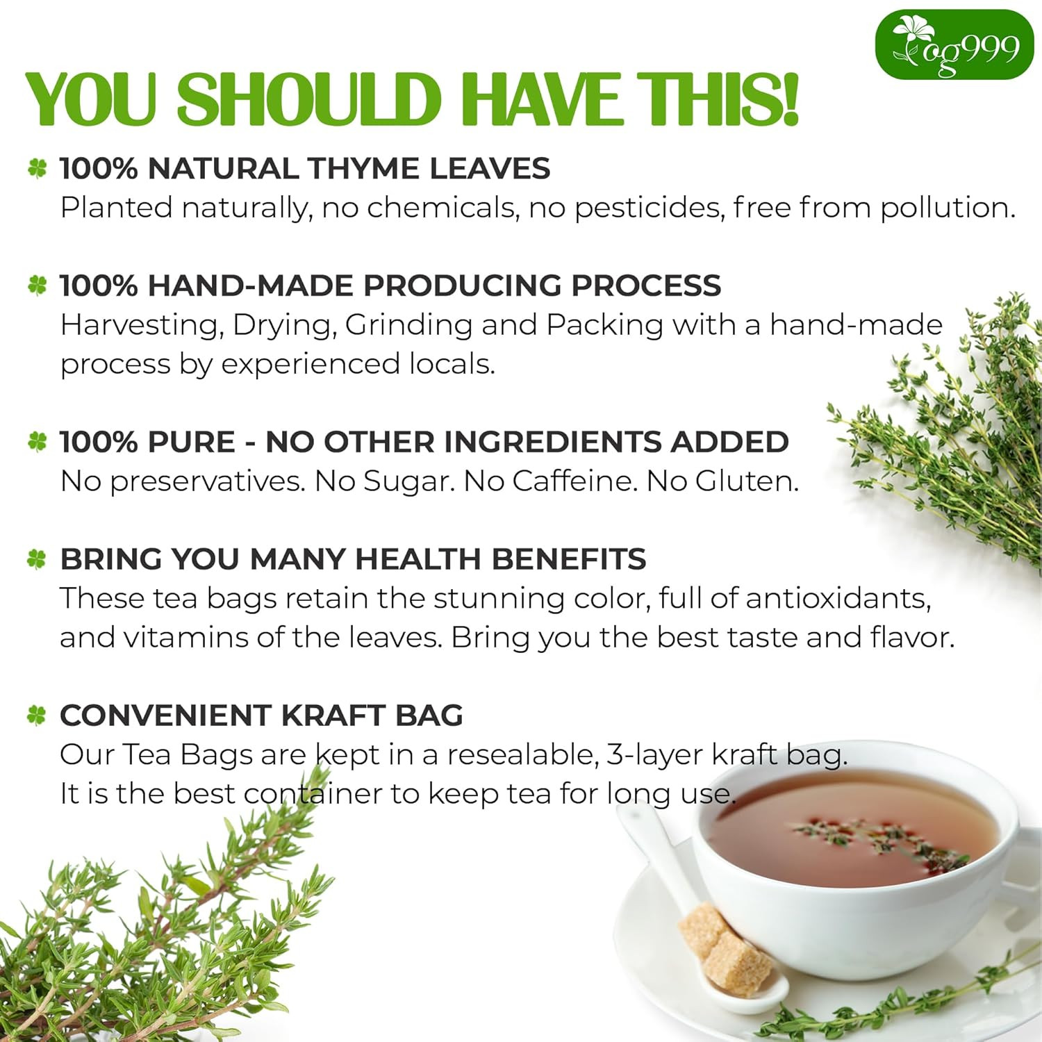 , Premium 40 Thyme Leaf Tea Bags, 100% Natural & Pure Thyme Leaves. Loose Leaf T