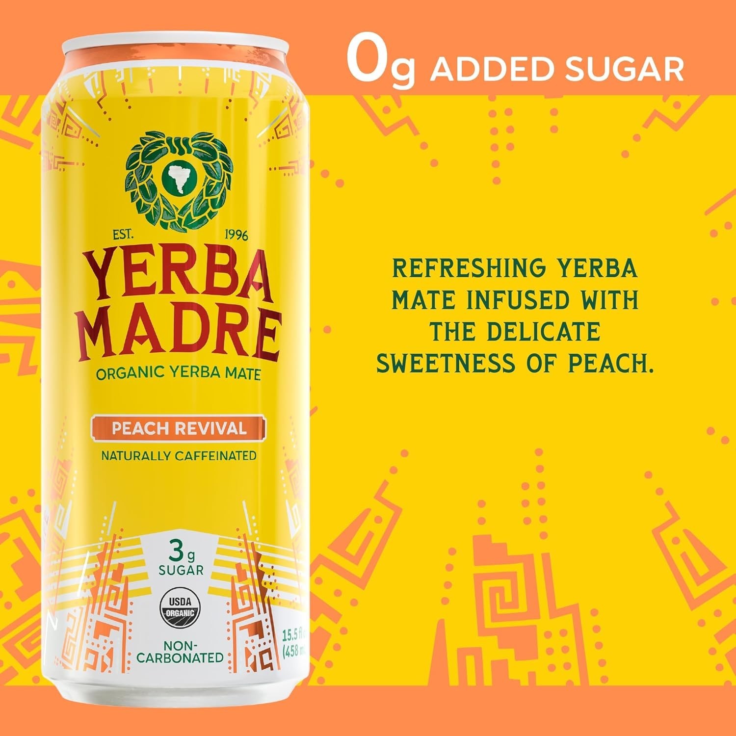 Yerba Madre Organic Yerba Mate, Low Sugar Peach Revival, 150mg Natural Caffeine