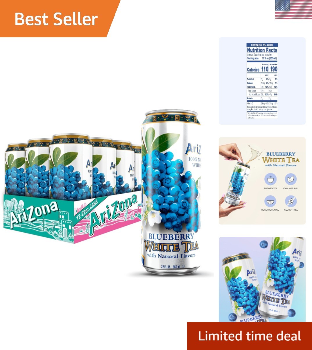 Convenient 12 Pack of Blueberry White Tea – 22 Fl Oz Cans, Gluten-Free Delicacy