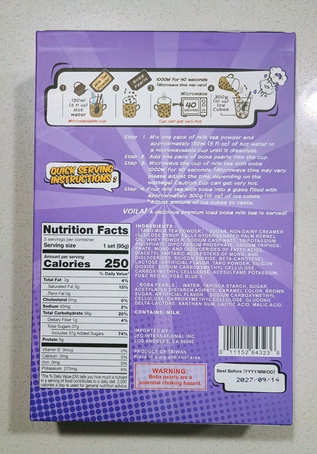 J Basket Taro instant Boba Tea Kit 3 Servings Best Before 09/14/2027