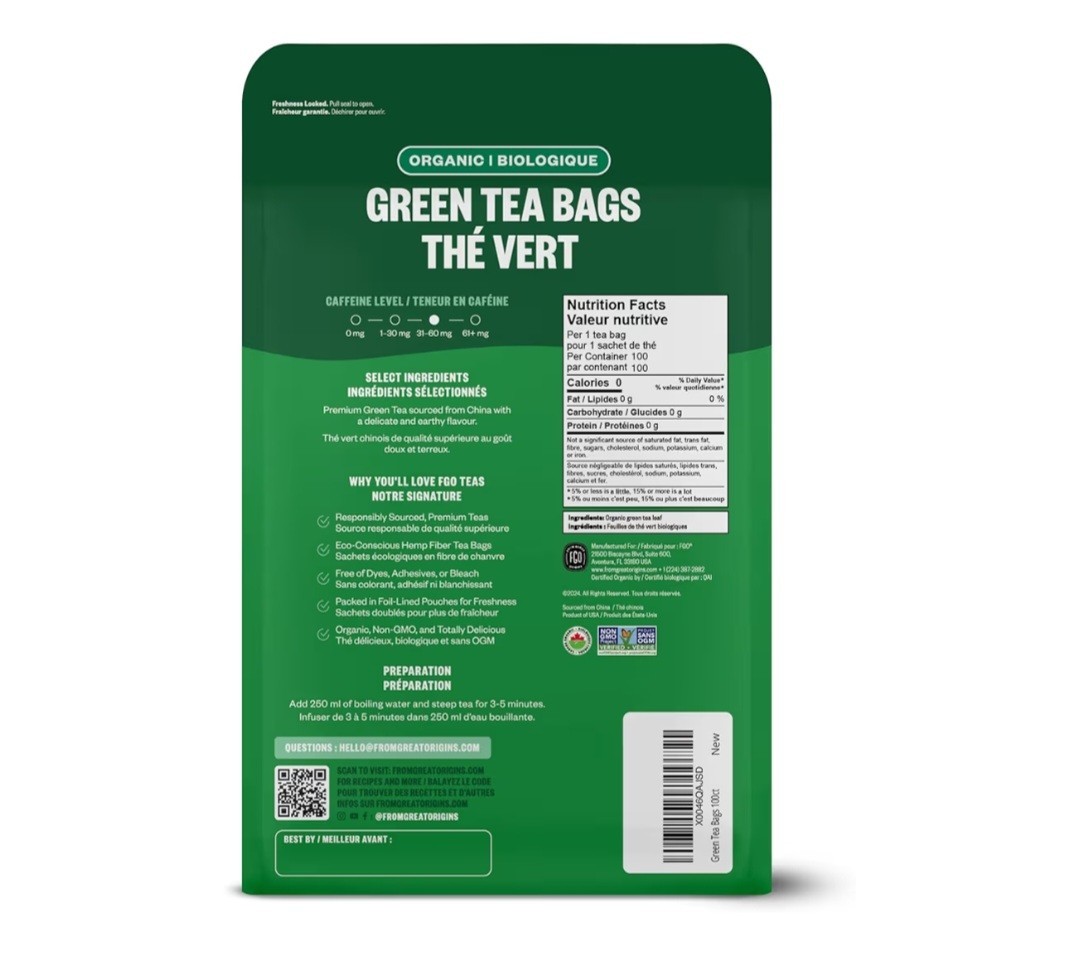 FGO Organic Green Tea Bags Bagged USDA Organic Non-GMO 100 Count 7oz 200g
