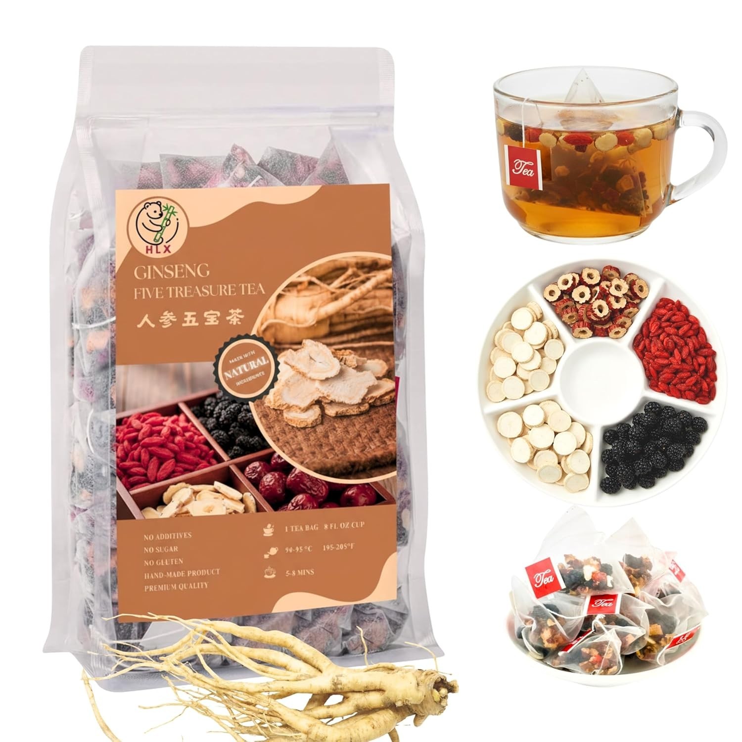 American Ginseng Five Treasures Tea, Wolfberry & Mulberry Herbal Tea, 30 Bags!!!