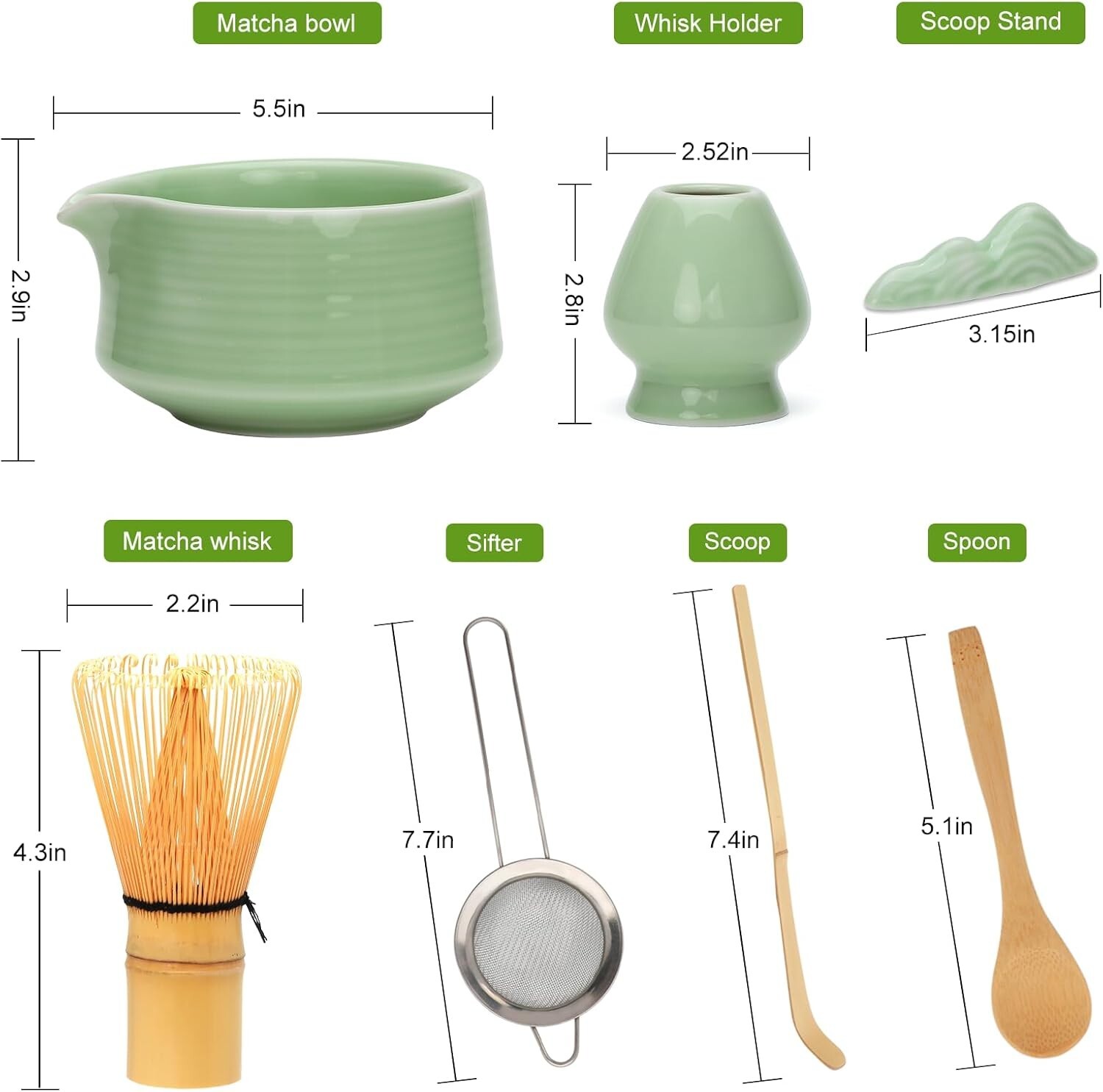 7pcs Green Matcha Whisk Set, Tea Making Tools, Matcha Kit Gift