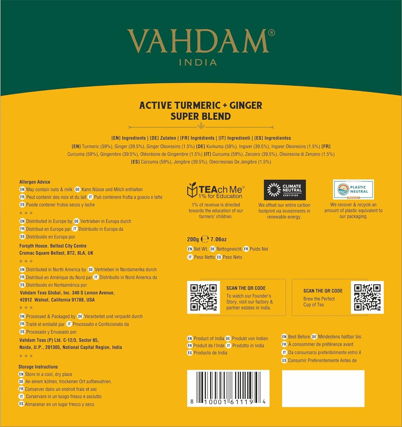 VAHDAM Organic Turmeric Ginger Herbal Tea Bags (100 Pyramid Tea Bags) Caffeine F