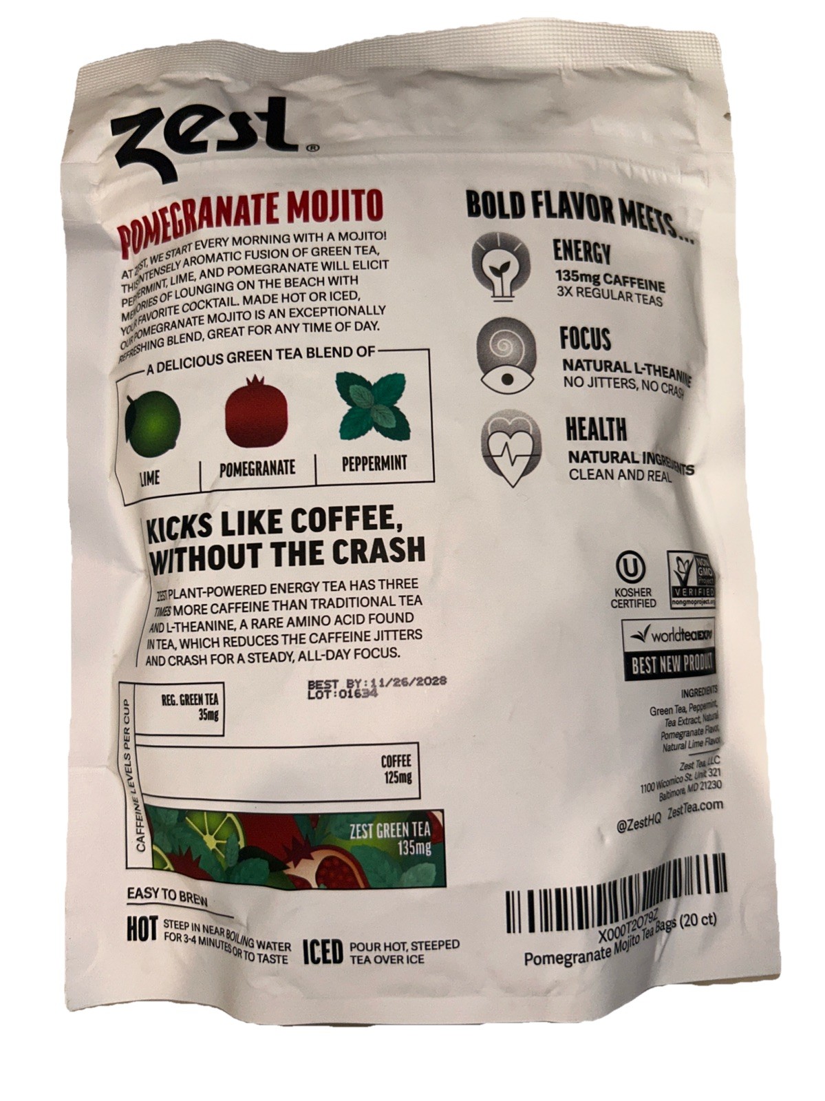 Zest Energy Green Tea *Pomegranate Mojito* 20 Bags Count 11/26/28 Exp
