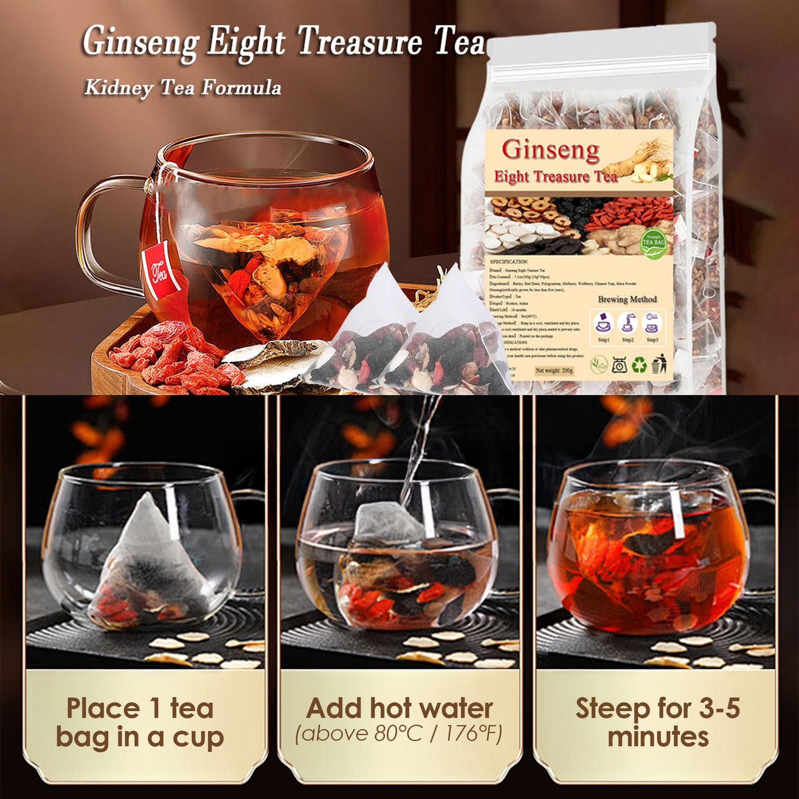 Kidney Tea Formula Ginseng Eight Treasure Tea Wolfberry Ginseng & Mulberry